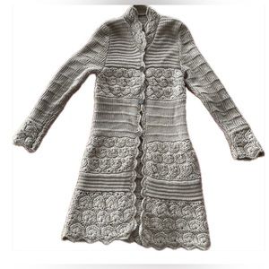 Beige Wool Knit Long Cardigan / Coat with Floral and Scalloped Details